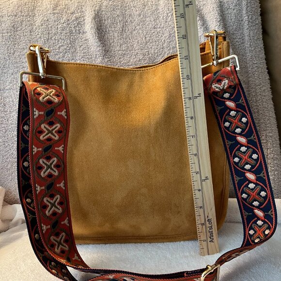 ah-dorned Crossbody Shoulder Bag Camel Faux Suede Reversible Multi Colored Strap - Picture 5 of 8